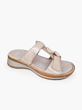 006885 Beżowe skórzane klapki damskie na koturnie z regulacją Ara | Vilero